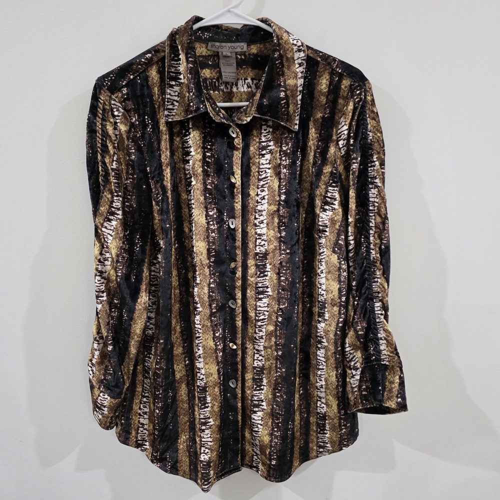 Vintage Womens Velvet Button Up Shirt Size Large Artsy Striped Chic‎ Indie